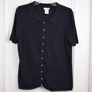 east 5th Cardigan Knit Top Women Large Faux Pearl Buttons Blue Short Sleeve Work